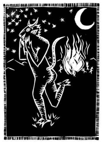 Gay Demon is a medium sized, black and white linocut, measuring 17cm wide and 22cm in height. The linocut shows a tall, demonic figure in profile in the foreground, with its arms bent and hands raised to its face, with a wide smile and goat-like nose. It has two small, pointed horns from its head, and large, pointy ears. Its long, whip-like tail curls out from its lower back, held aloft, as the demon runs from right to left of the scene, its weight on its left leg which is planted in the ground with blades of grass splaying out, and its right leg is bent at the knee mid-run. On each of its feet are clawed, birdlike feet. In the background of the image, surrounding the demon’s head to the left, there are crosshatched stars in the sky. In the upper right hand corner of the print hangs a large, white, waning crescent moon. Beneath this sky and behind the demon is a row of hills, running across the image horizontally. On these hills, right below the moon, there is a large bonfire, with flames and wavy lines extending into the night sky. It surrounded by a scattered group of small stick figures, some of whom seem to be wearing witches hats. The print is bordered by short vertical and horizontal lines, radiating out from the print.